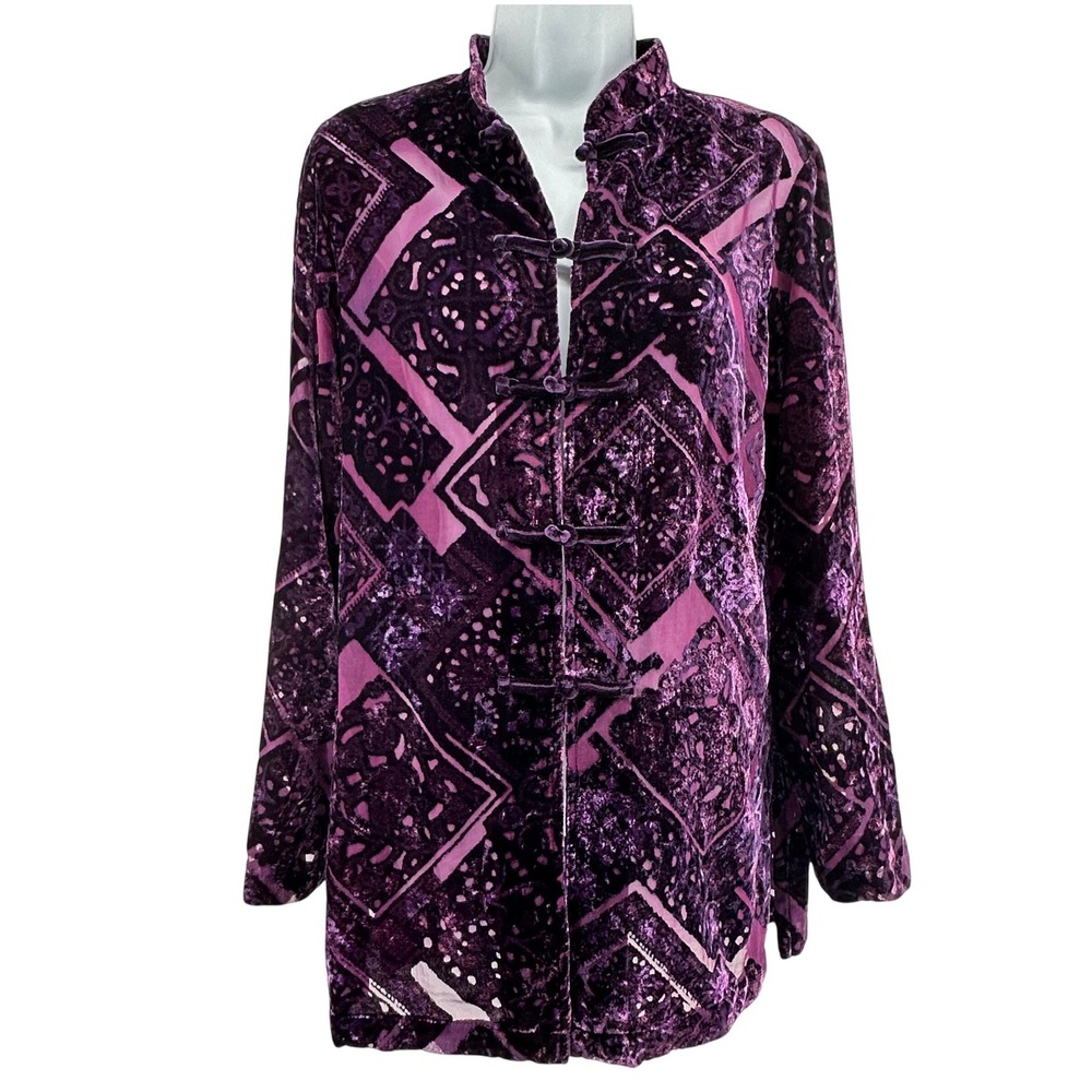 Royal Purple Velvet Burnout Mandarin Jacket Women S Art to Wear Oversize Maximal